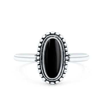 Vintage Style Oval Lab Opal Ring Solid Oxidized Simulated Black Onyx 925 Sterling Silver
